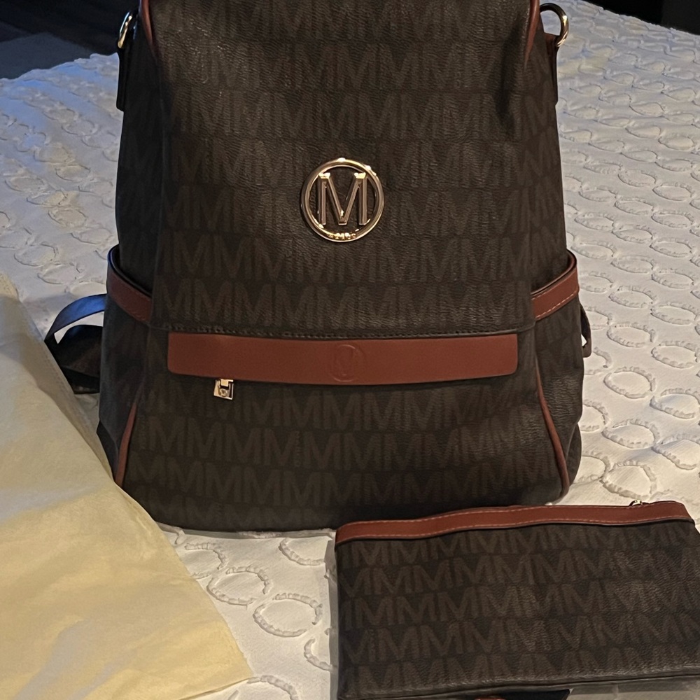 Brown Leather Trim Backpack with Flap Closure